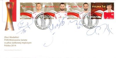 MŚ w siatkówce 2014 (Paweł Zatorski, Marcin Możdżonek, Mateusz Mika, II trener Philippe Blain)
