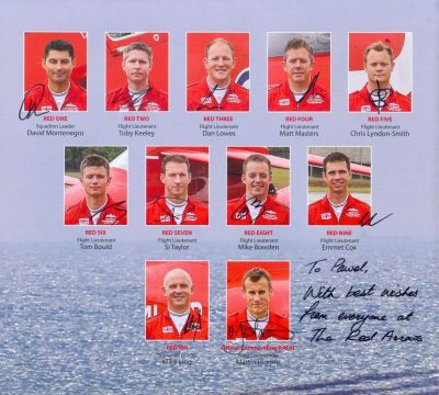 Red Arrows
David Montenegro #1, Toby Keeley #2, Dan Lowes #3, Matt Masters #4, Chris Lyndon-Smith #5, Tom Bould #6, Si Taylor #7, Mike Bowden #8, Emmet Cox #9, Mike Ling #10, Officer Commanding Martin Higgins
