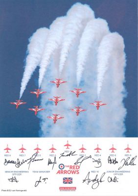 Red Arrows
Jas Hawker #1, Simon Rea #2, Mike Ling #3, Graham Duff #4, Andrew Keith #5, Paul "Pablo" O'Grady #6, Ben Murphy #7, Greg Perilleux #8, Damian "Damo" Ellacott #9, Andy Robins #10, Team Manager John May, Senior Engineering Officer Ed Williams, Junior Engineering Charlotte Fenn
