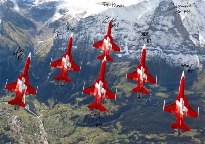 Patrouille Suisse
Nils Hammerli 'Jamie' #0, Michael Duft 'Püpi' #1, Serim Wetli 'Salim' #2, David Pereira 'Pepe' #3, Claudius Meier 'Mac' #4, Lukas Nannini 'Bigfoot' #5, Martin Schär 'Jaydee' #6
